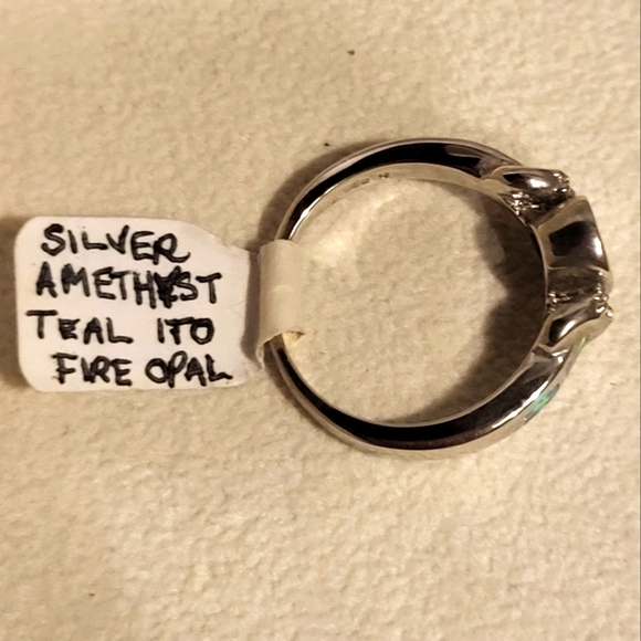 Elegant Amethyst Teal Ito Fire Opal Gemstone .925 Sterling Silver Ring Sz. 8 - Picture 3 of 3